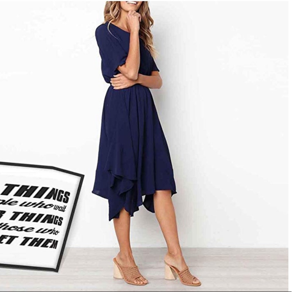 Chic Bohemian Style Navy Blue Midi Dress - Picture 2 of 7